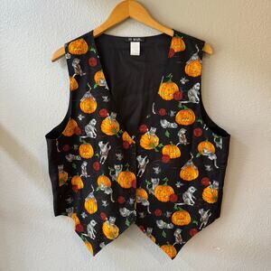 111 Main Halloween Kitten Pumpkin Vest Women 1X‎ Black Jack-O-Lantern Novelty